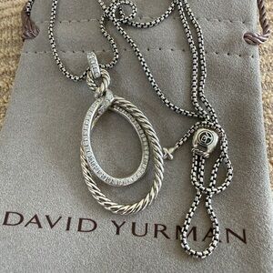 David Yurman Silver Pave Diamond Oval Pendant Necklace